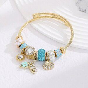 Gold Blue Charm Bracelet Beaded Fashion Jewelery Mermaid Tail Seashell